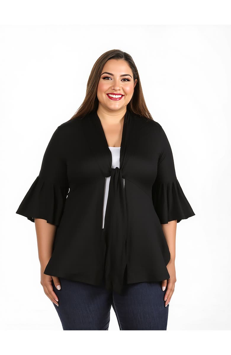 24seven Comfort Apparel Tie Front Bell Sleeve Cardigan, Main, color, Black