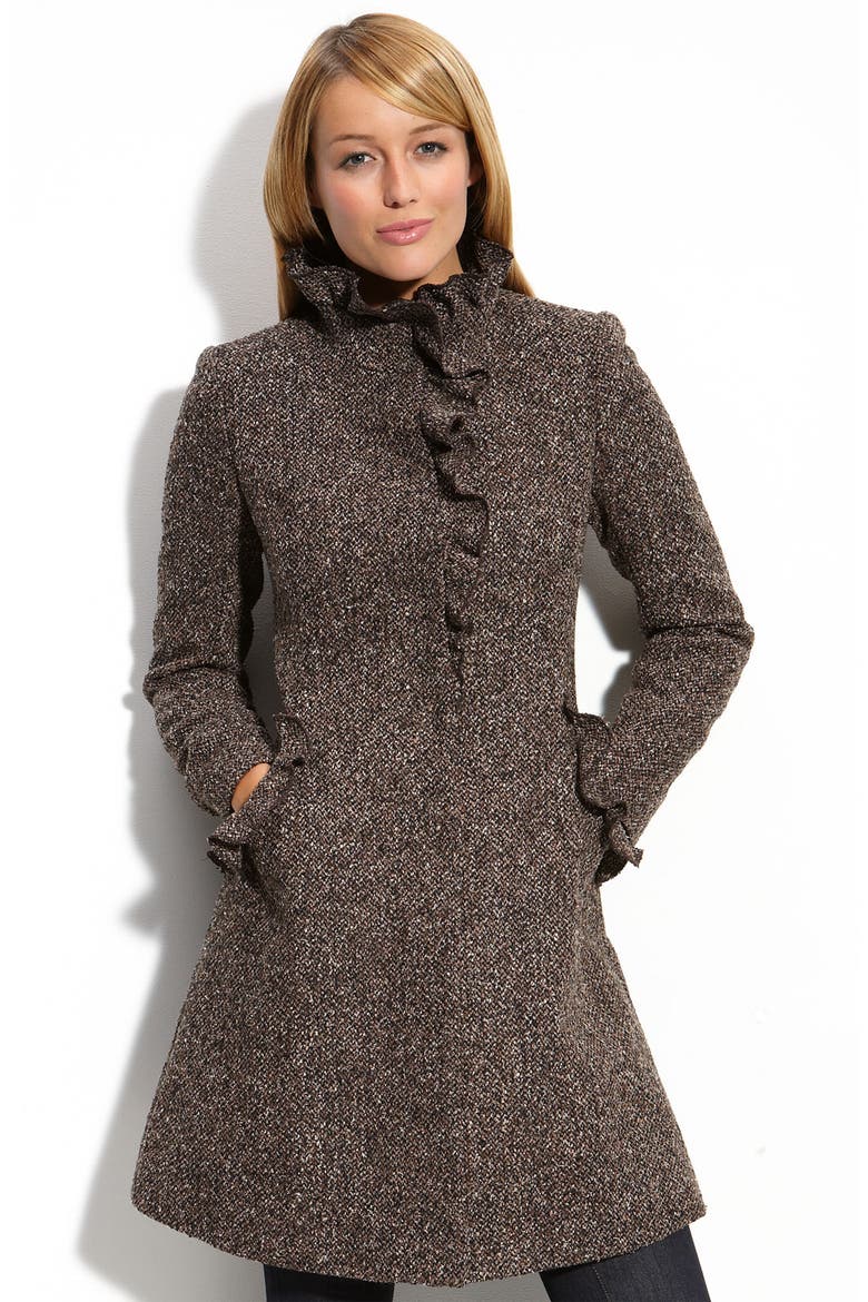 Ruffle Trim Tweed Coat, Main, color, BROWN MULTI