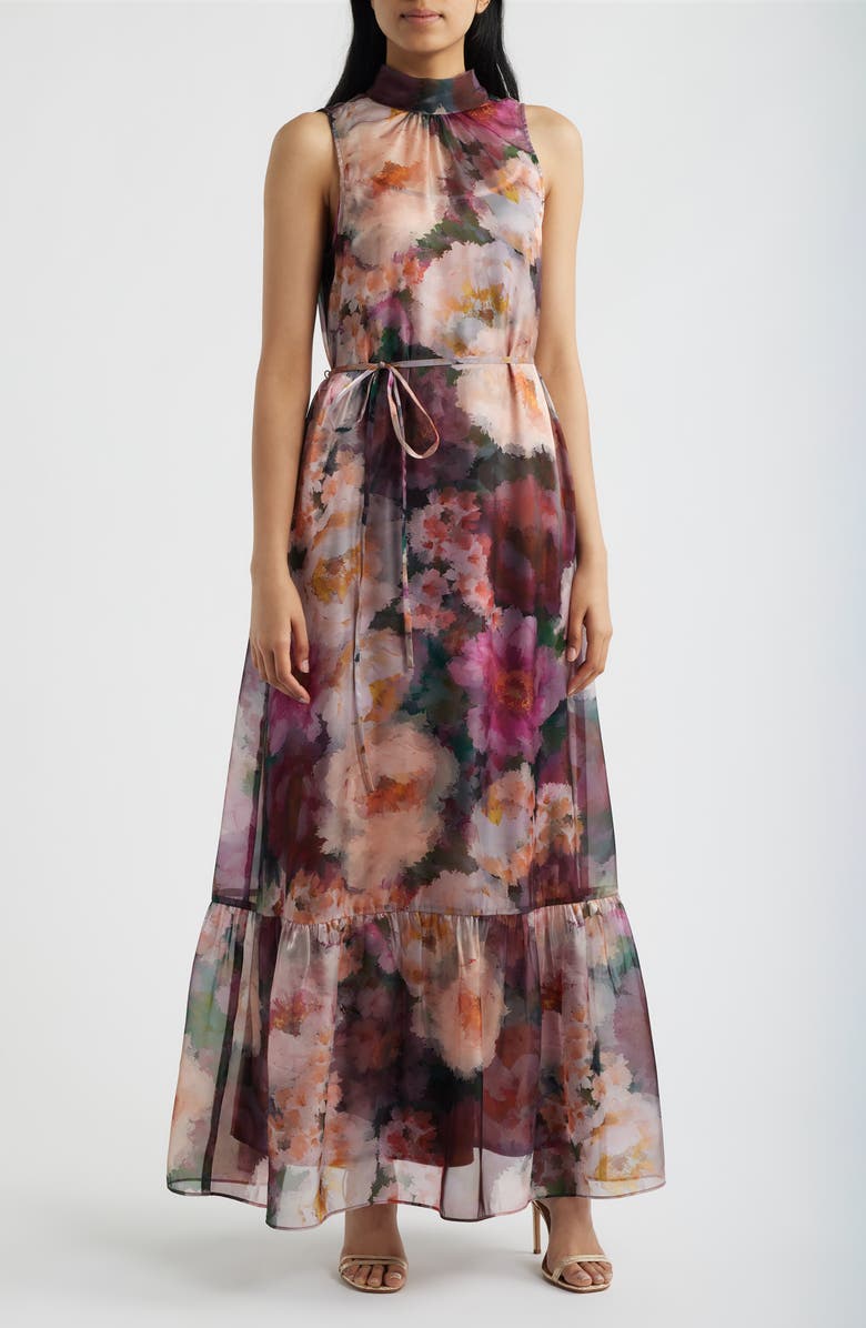 Julia Jordan Tie Neck Organza Dress, Main, color, Pink/ Wine Multi