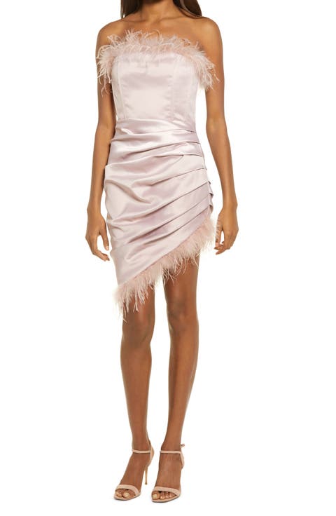 Feather Detail Strapless Satin Dress