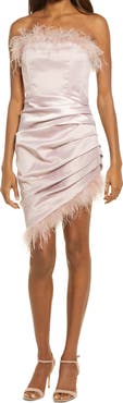 Lavish Alice Feather Detail Strapless Satin Dress