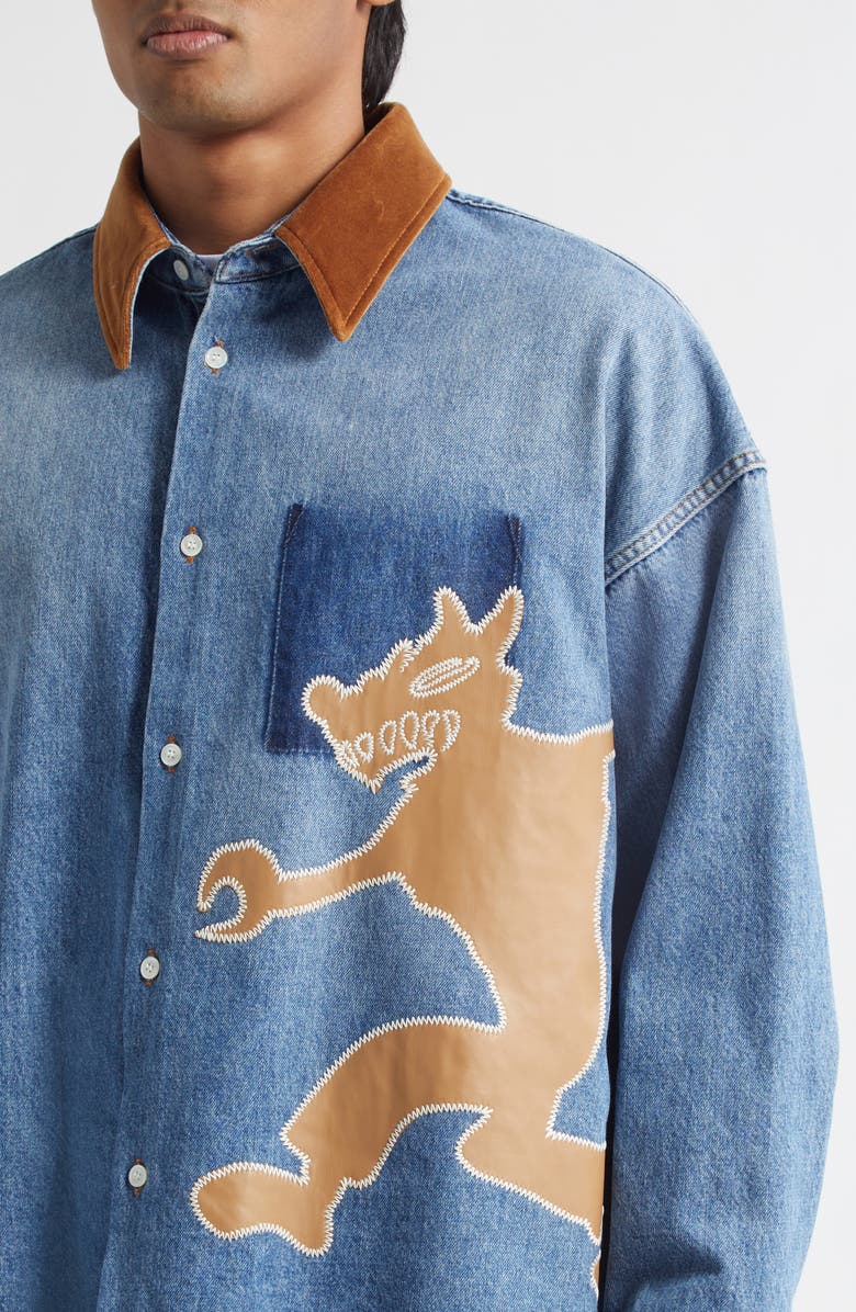 Marni Wolf Appliquè Denim Button-Up Shirt, Alternate, color, Deep Blue