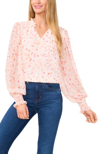 Cece Floral Clip Dot Smocked Cuff V-neck Top