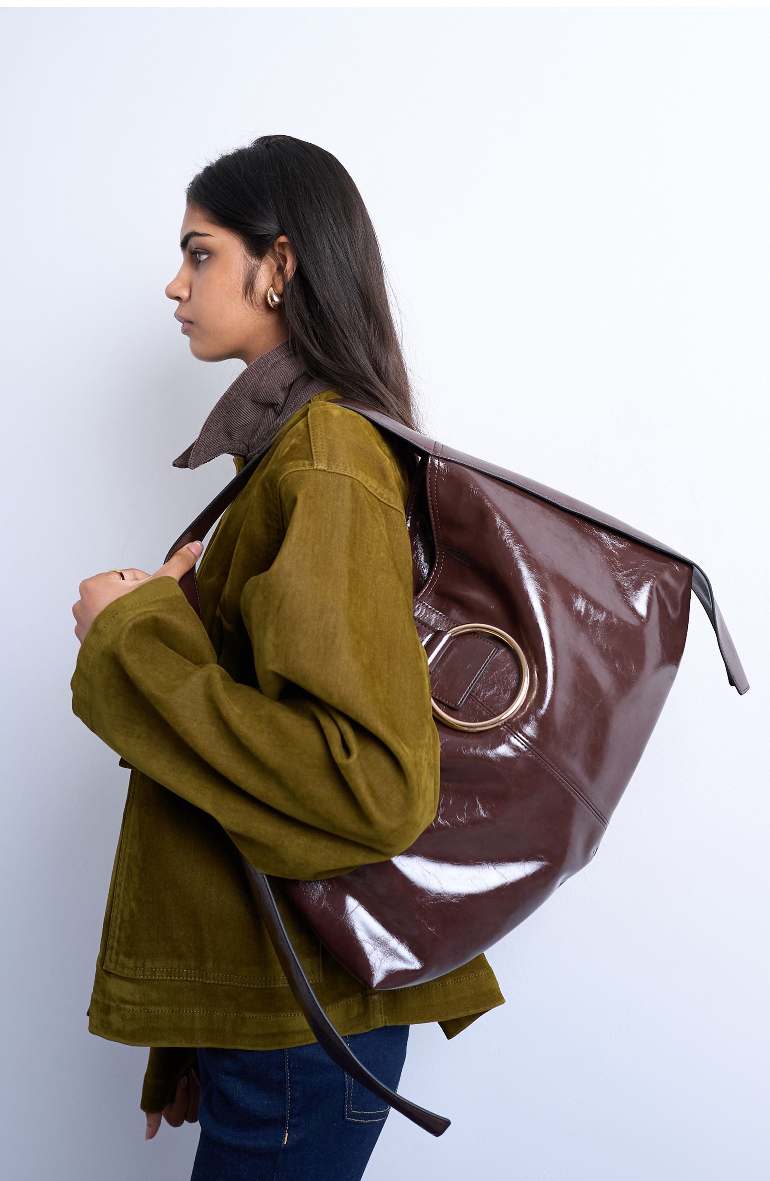 Topshop Faux Leather Shoulder Bag, Alternate, color, Brown