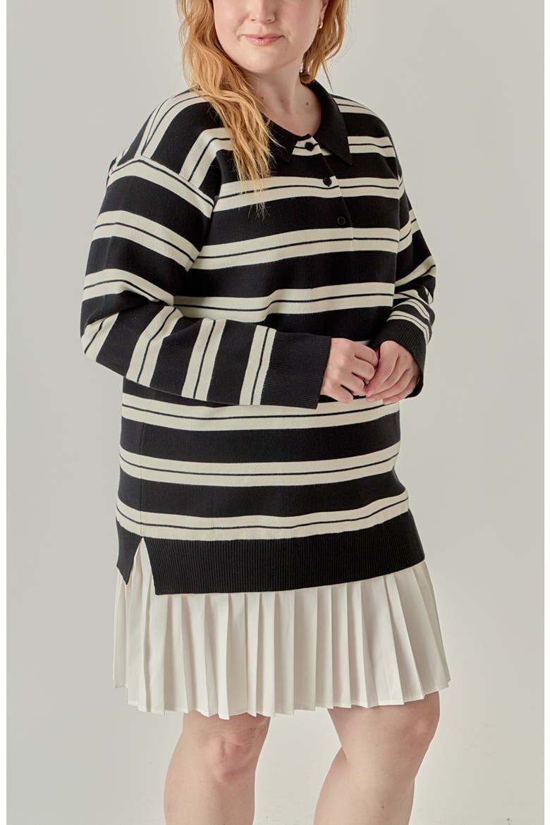 Long Sleeve Mixed Media Polo Minidress, Alternate, color, BLACK/ CREAM