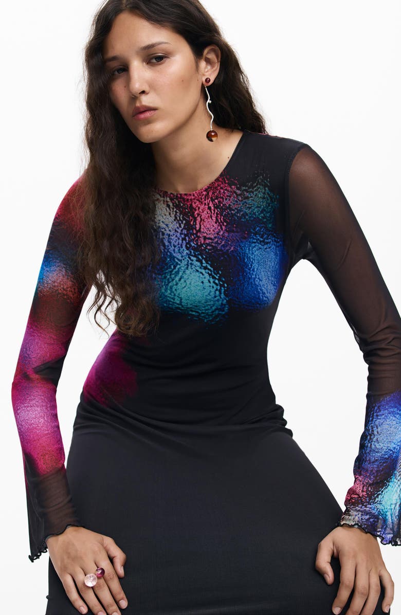 Desigual Long Sleeve Mesh Dress, Alternate, color, Black