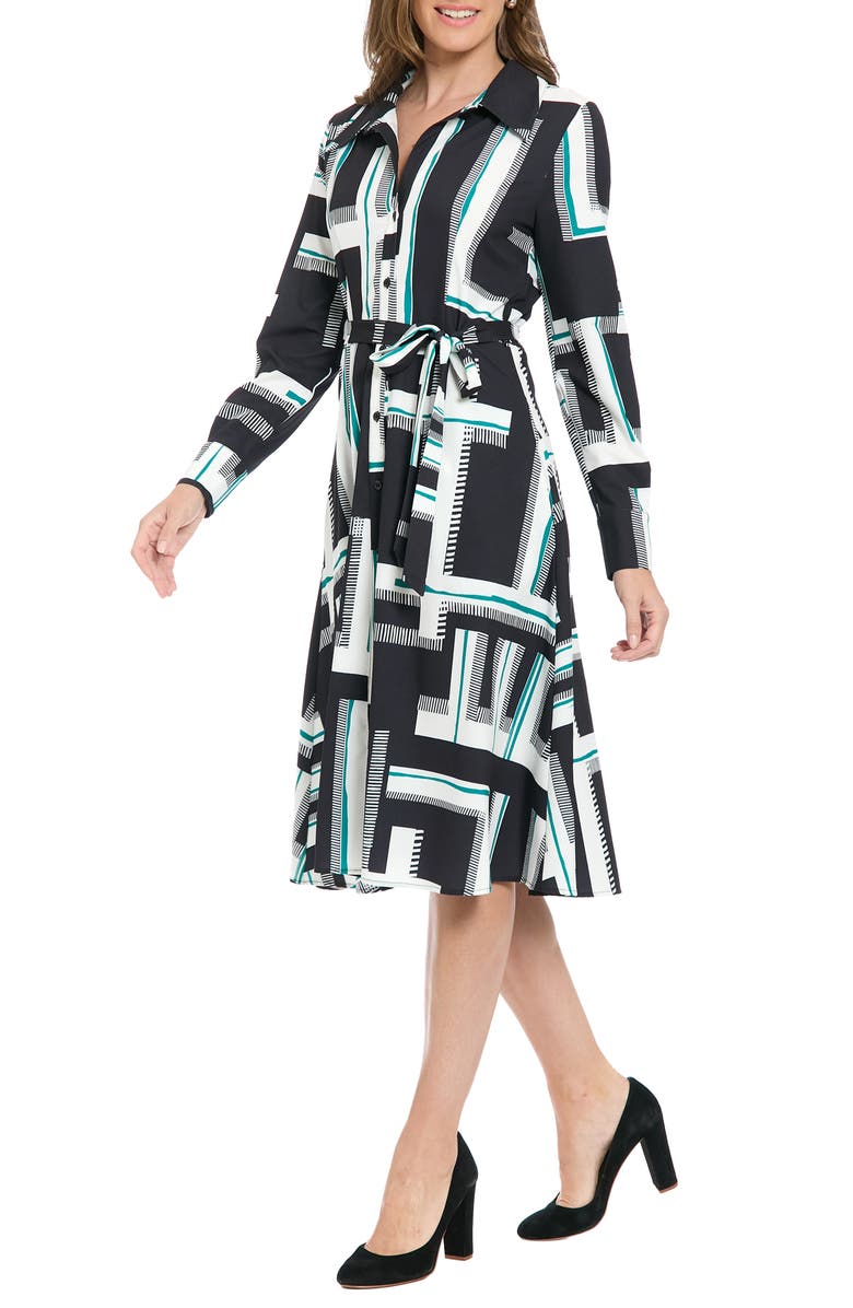 London Times Long Sleeve Shirtdress, Alternate, color, Black/ Green