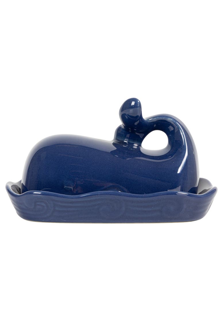 Coastal Stoneware Whale Shaped Butter Dish, Navy Blue, Alternate, color, Blue