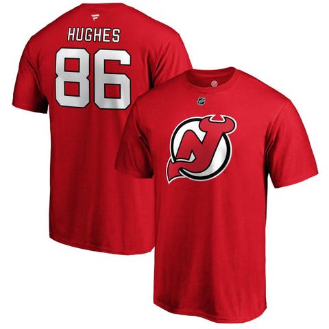 Men's Fanatics Branded Jack Hughes Red New Jersey Devils Authentic Stack Name & Number T-Shirt