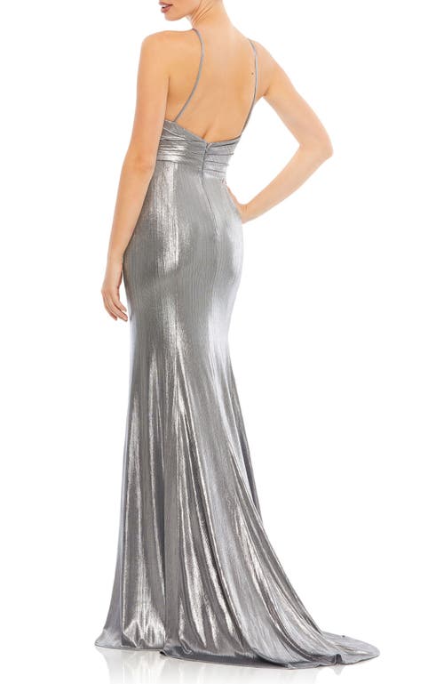 Mac Duggal Metallic Column Gown In Silver