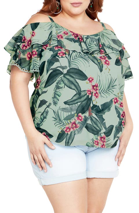 Phoebe Palm Print Cold Shoulder Top (Plus Size)