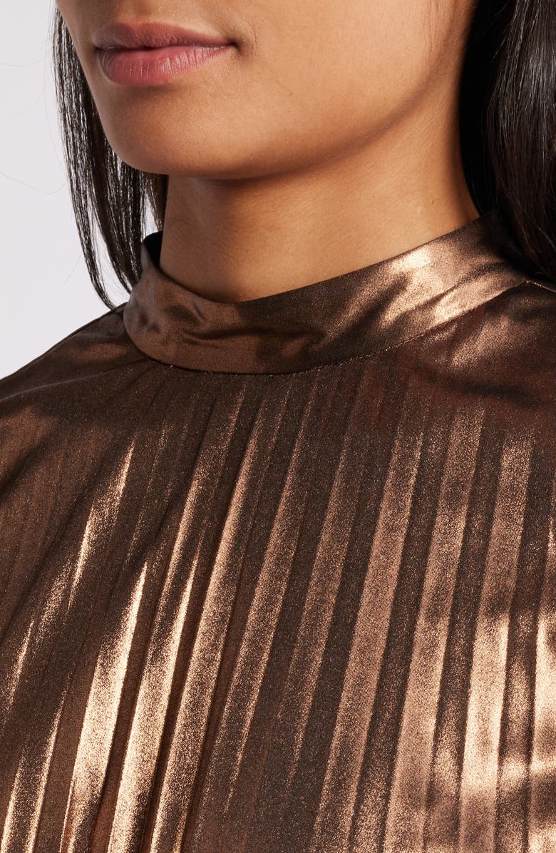 Tahari ASL Pleated Satin Mock Neck Tie Waist Dress, Alternate, color,