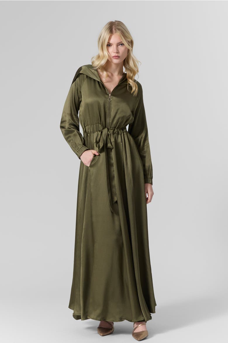 Silk Hooded Maxi Dress, Alternate, color, Olive Green