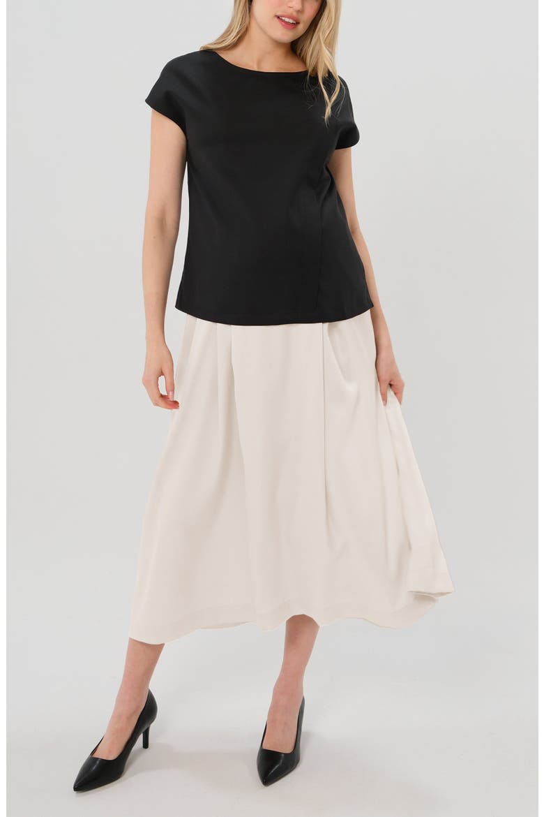 Women's Over-Under Bump Pleated Maternity Maxi Skirt in Cream Satin, Alternate, color, Cream