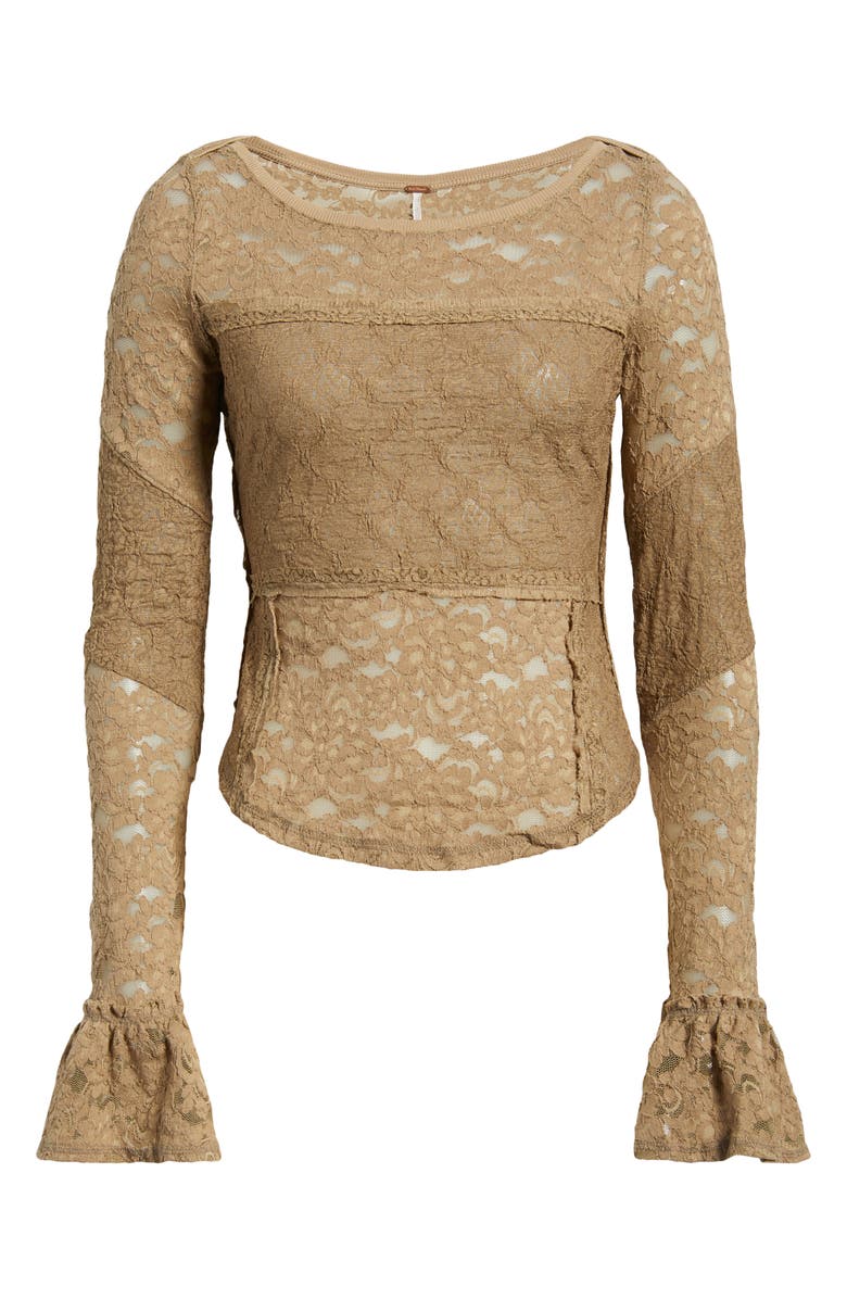 Free People Bell Sleeve Sheer Cotton Blend Lace Top, Alternate, color, Dutch Cocoa