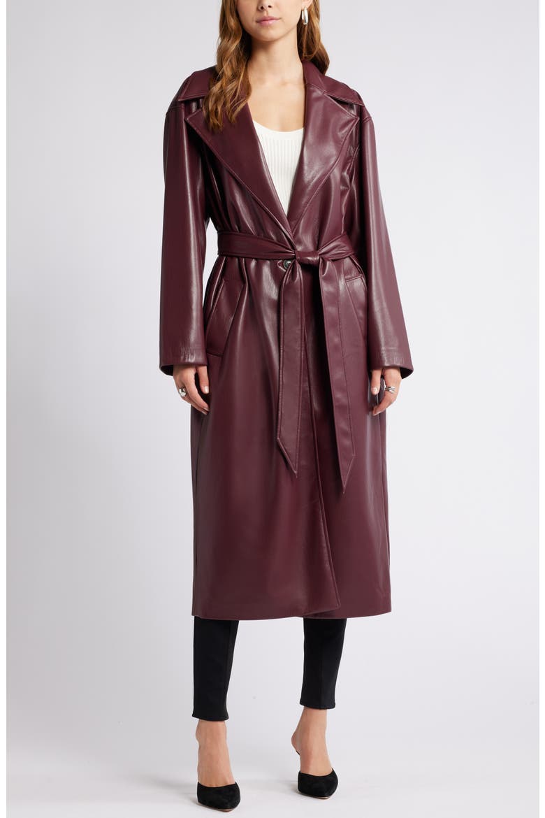 Faux Leather Trench Coat, Main, color, BURGUNDY FIELD