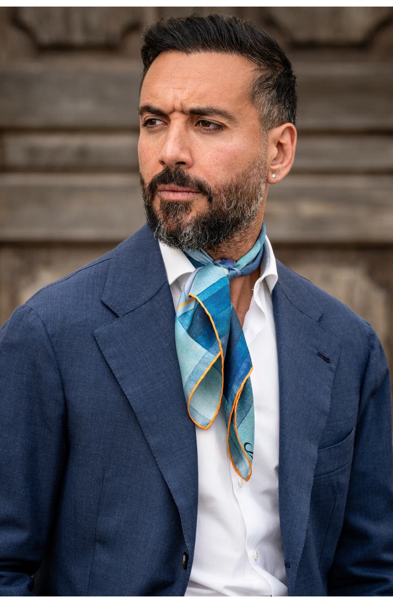 Elizabetta The Harbinger of Autumn - Hand Rolled Silk Neckerchief for Men, Alternate, color, Blue