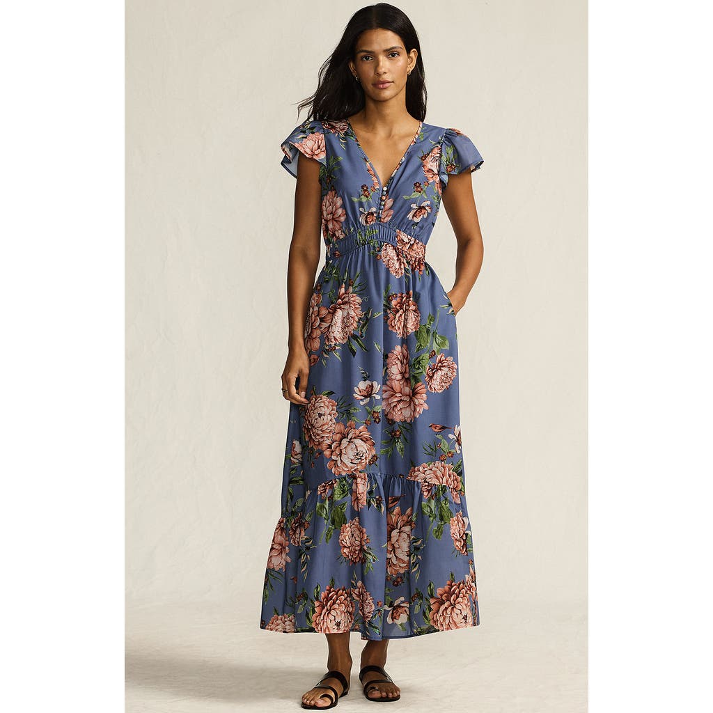Lands' End Vneck Flutter Sleeve Maxi Dress In Blue