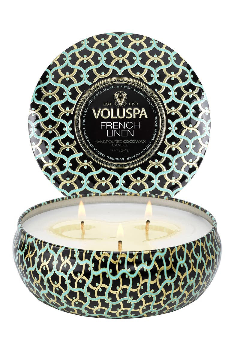 French Linen Three-Wick Tin Candle, Alternate, color, FRENCH LINEN