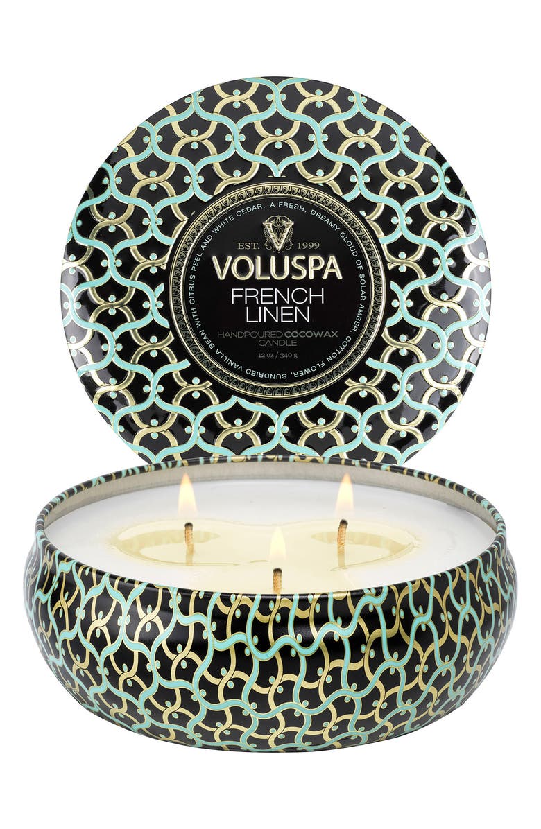 Voluspa French Linen Three-Wick Tin Candle, Alternate, color, French Linen