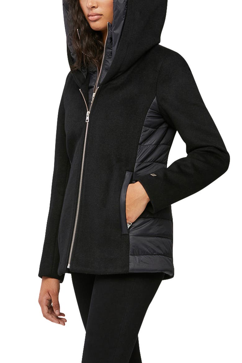 Viviana Mix Media Hooded Wool Blend Jacket, Alternate, color, BLACK