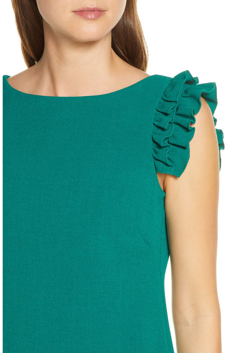 Ruffle Shoulder Crepe Shift Dress, Alternate, color, EMERALD