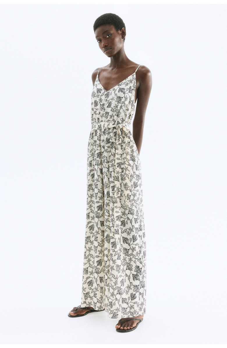 H&M Tie-belt Jumpsuit, Alternate, color, Cream/Black Floral