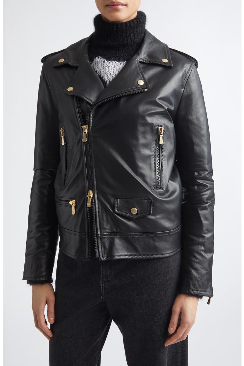 Genuine Shearling Collar Leather Biker Jacket, Alternate, color, 22 BLACK