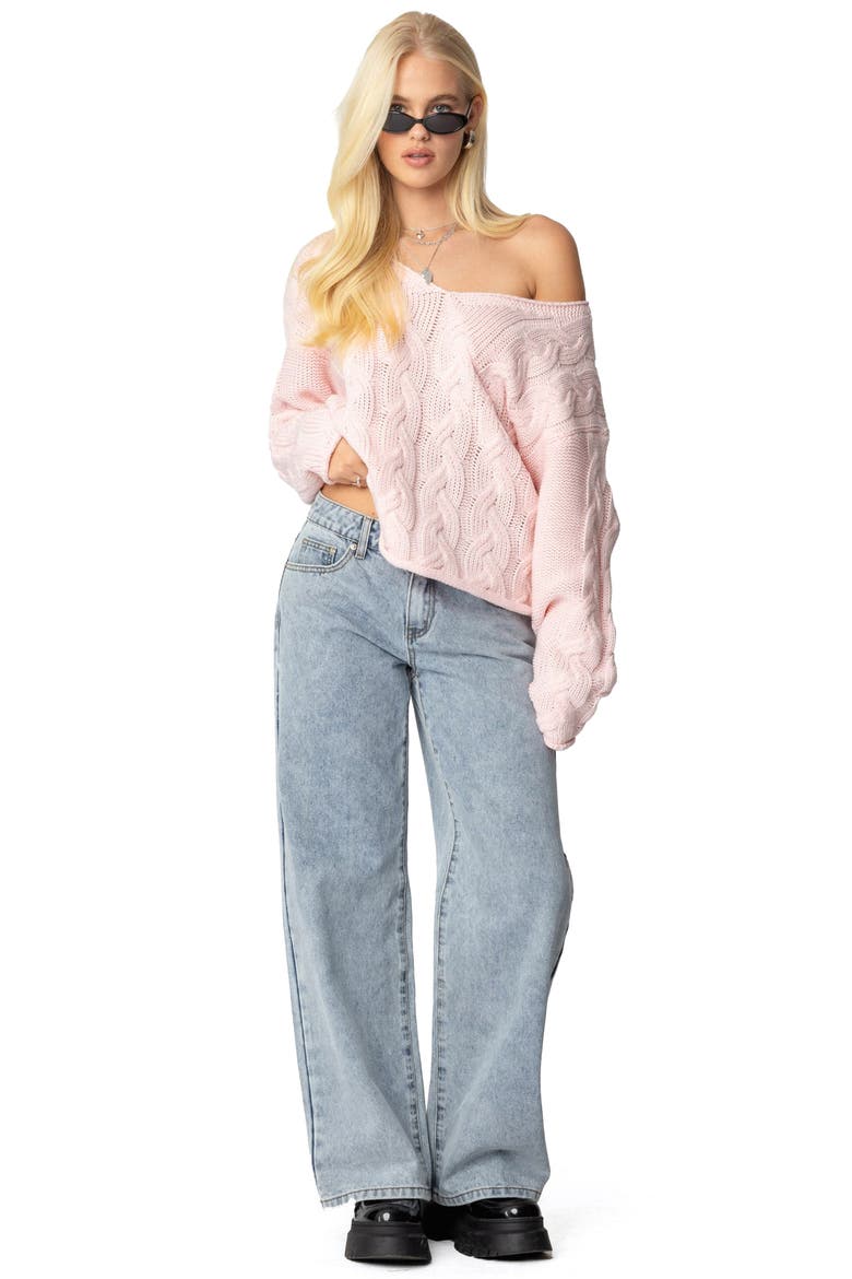Inga Oversize V-Neck Cable Sweater, Alternate, color, LIGHT-PINK