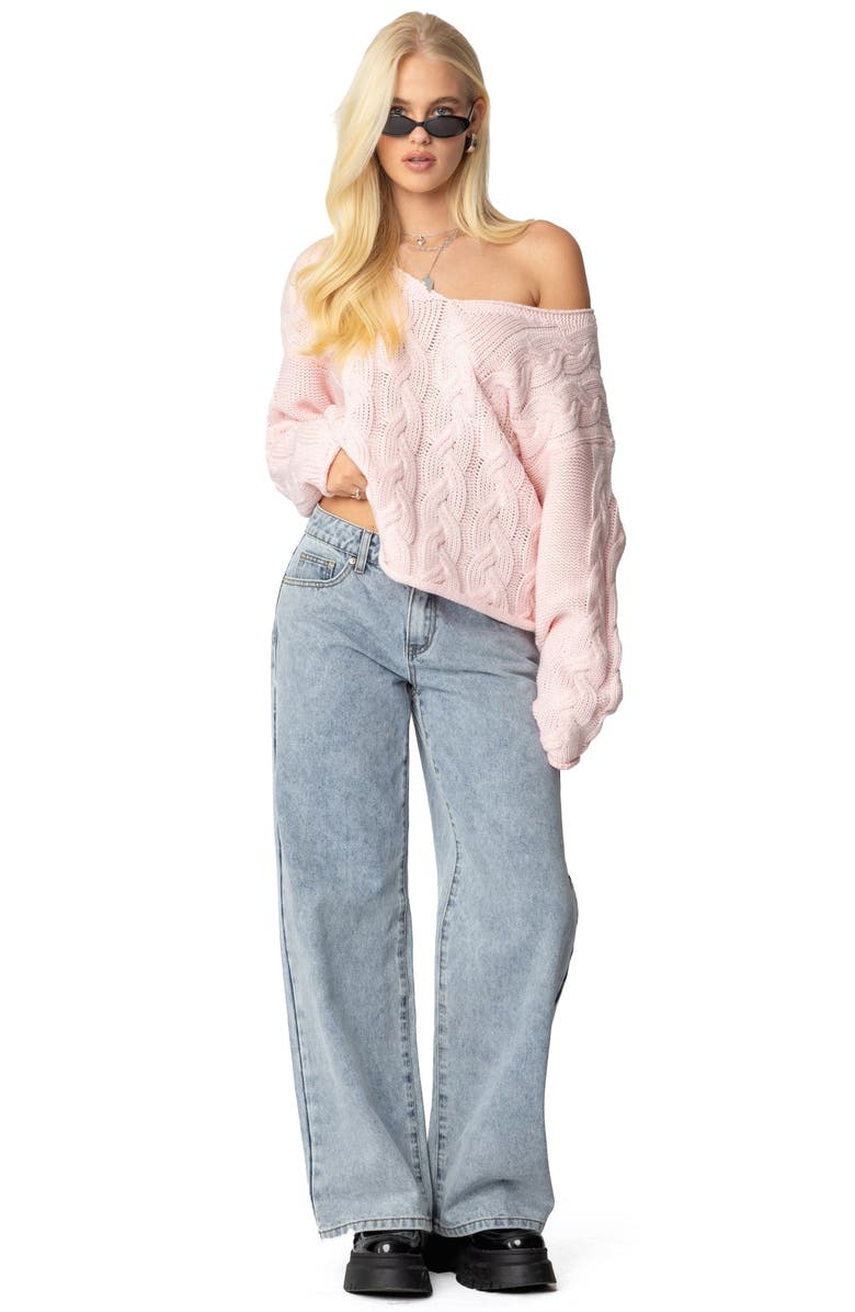 EDIKTED Inga Oversize V-Neck Cable Sweater, Main, color, Light-Pink