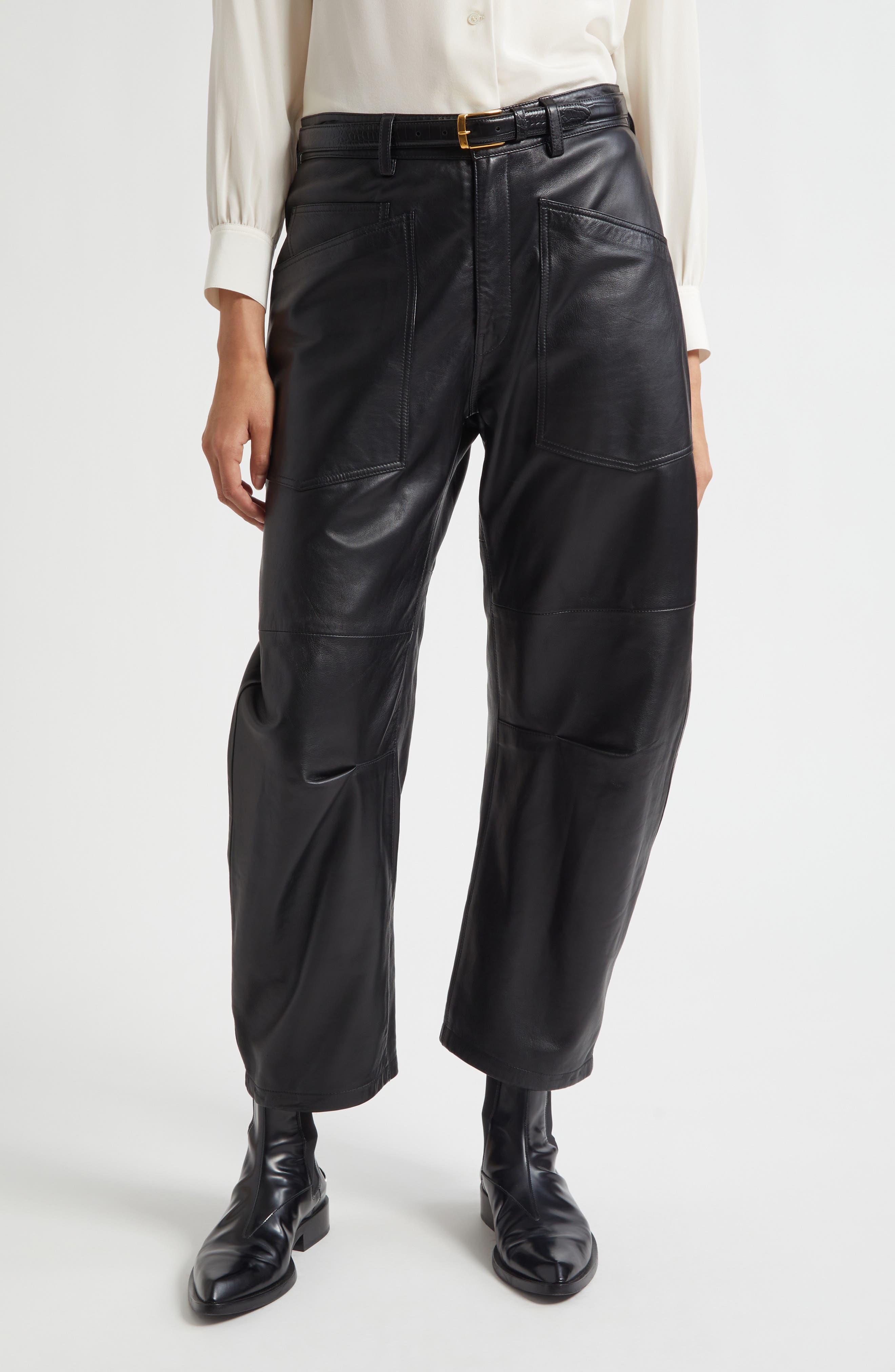 Nili Lotan Mid-rise Barrel Leg Lammleder-hose Shon Leather In Brown