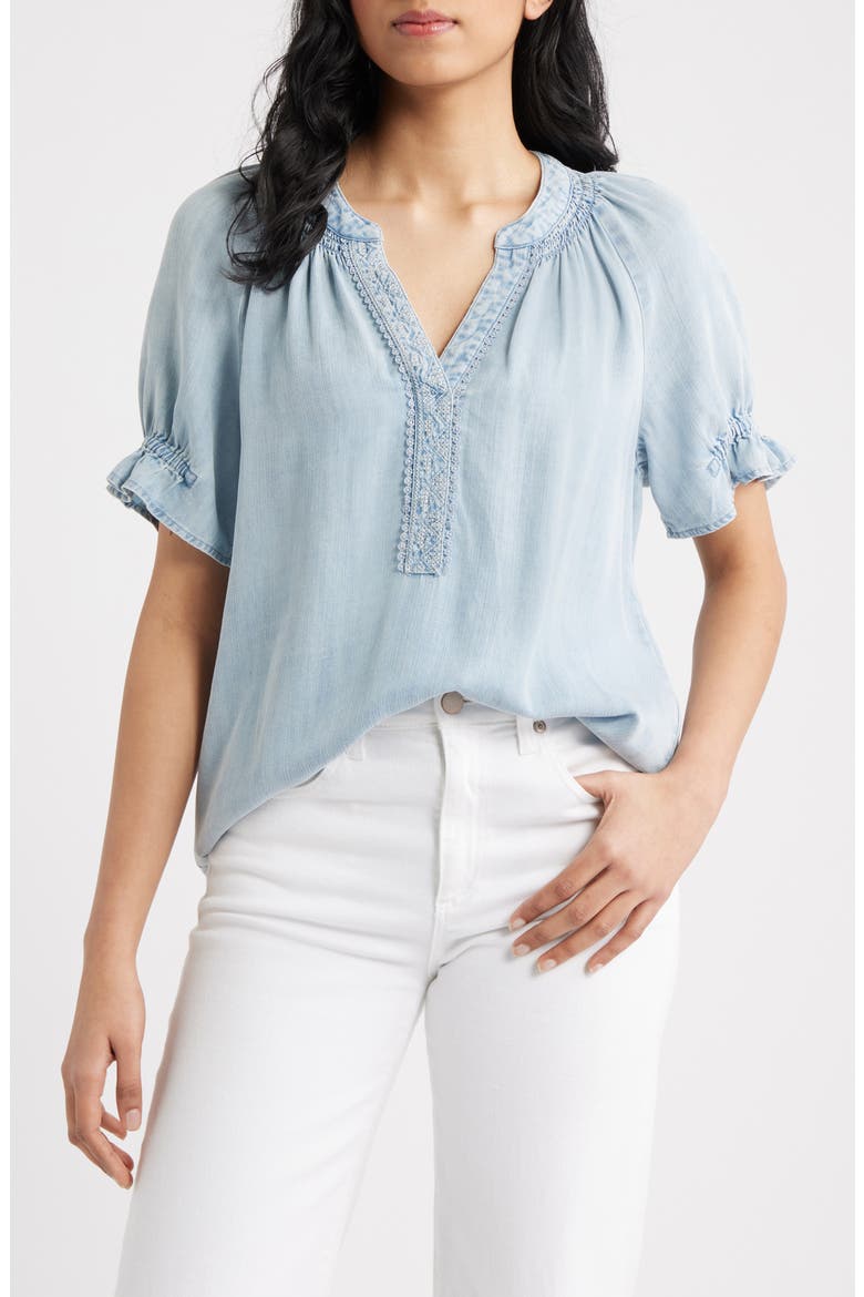 Smocked Embroidered Chambray Top, Main, color, POWDER BLUE