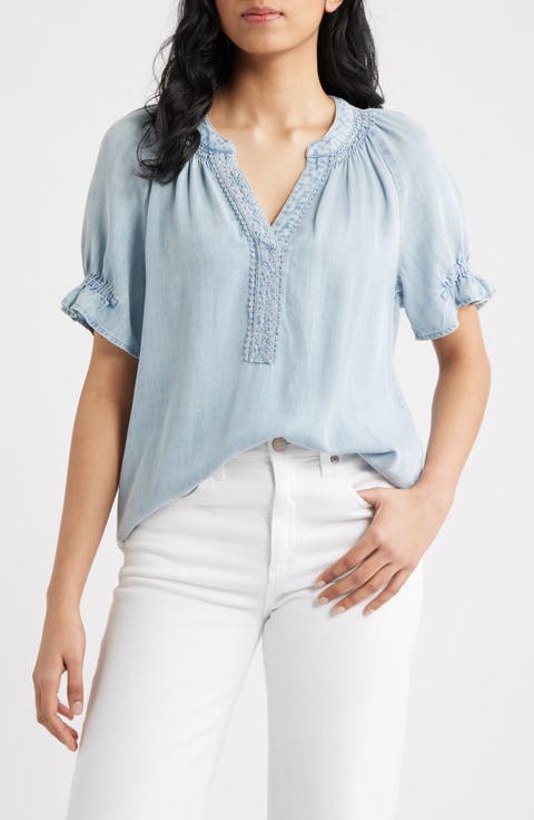 Smocked Embroidered Chambray Top