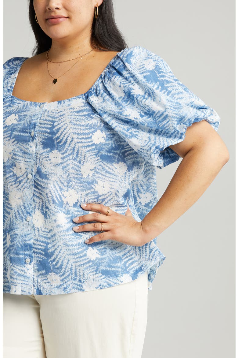 Puff Sleeve Front Button Organic Cotton Top, Alternate, color, BLUE MOONLIGHT FLORAL FERNS