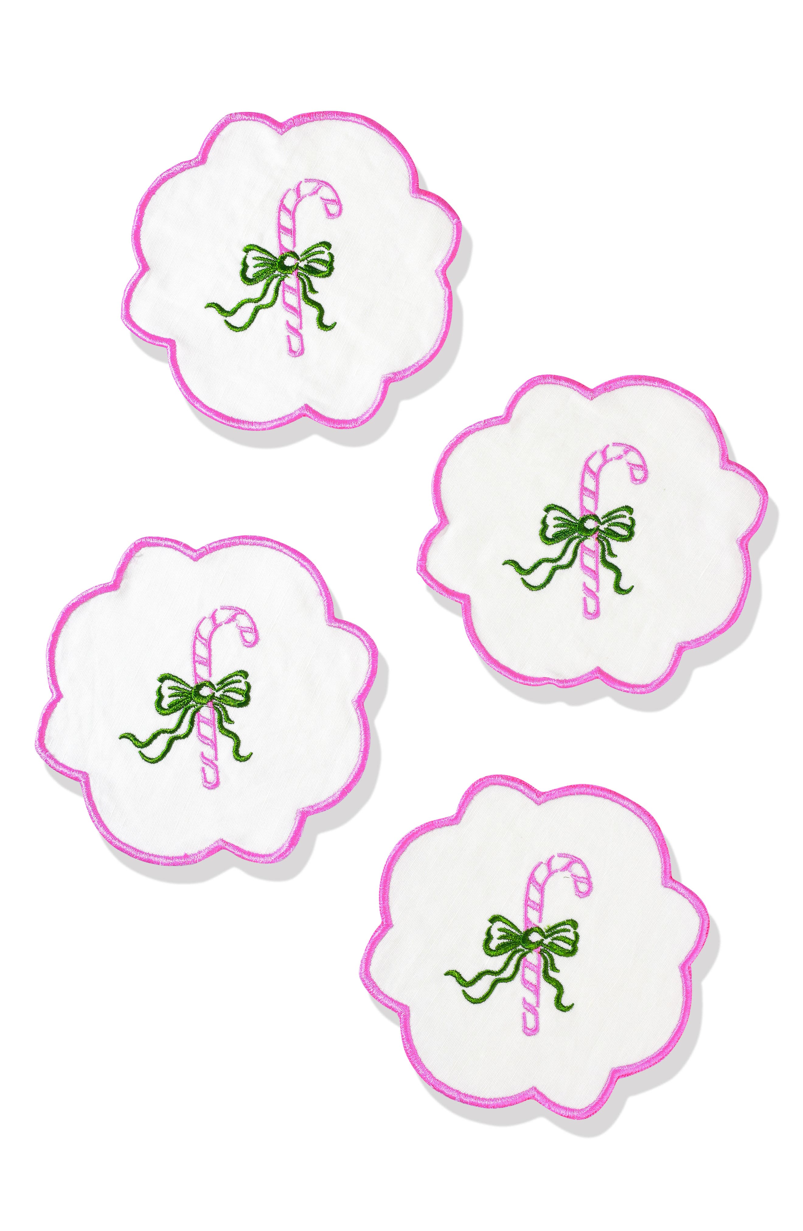 Set of 4 Embroidered Candy Cane Charm Linen Cocktail Napkins