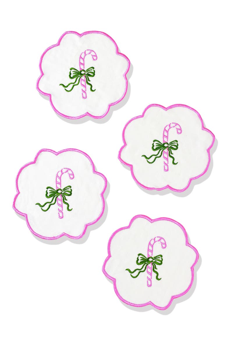 Set of 4 Embroidered Candy Cane Charm Linen Cocktail Napkins, Main, color, GREEN/ PINK