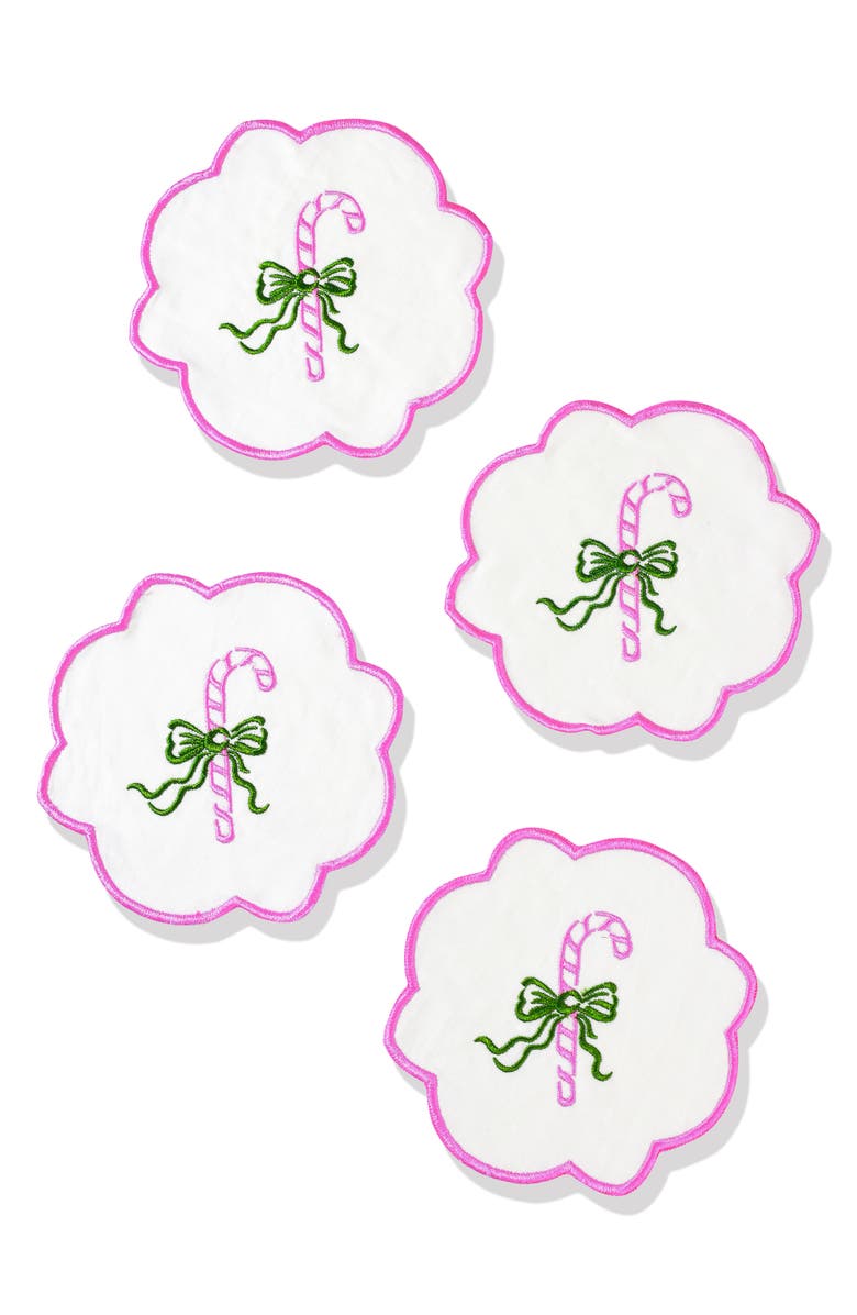 Tiramisu Set of 4 Embroidered Candy Cane Charm Linen Cocktail Napkins, Main, color, Pink/Green