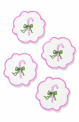 Set of 4 Embroidered Candy Cane Charm Linen Cocktail Napkins
