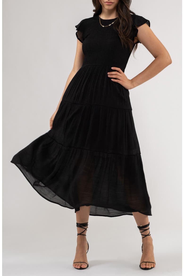 Flutter Sleeve Smocked Tiered Midi Dress, Main, color, BLACK