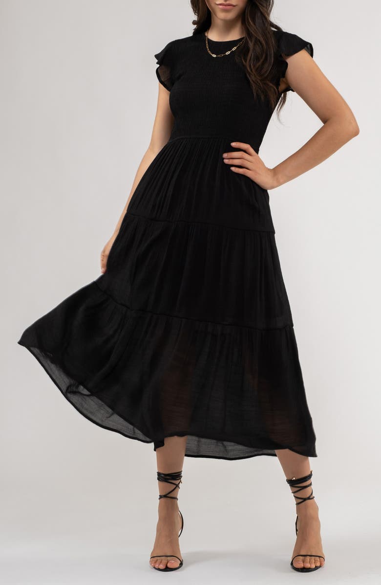 Blu Pepper Flutter Sleeve Smocked Tiered Midi Dress, Main, color, 