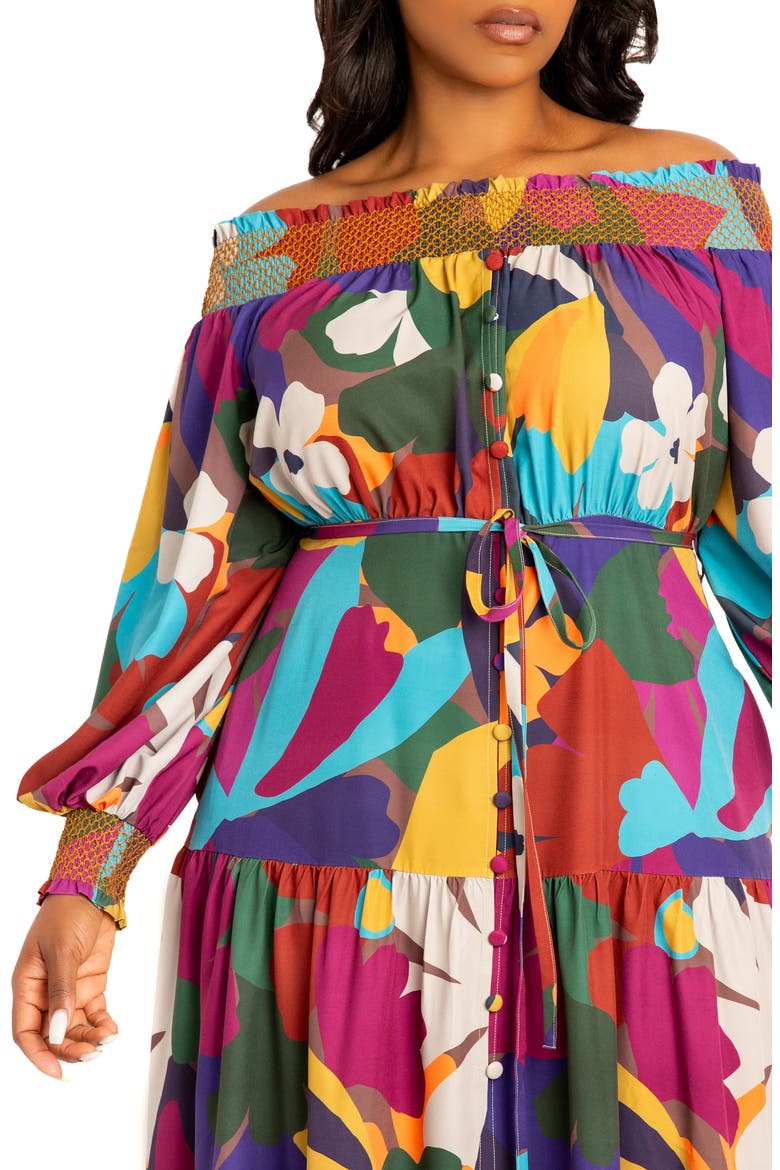 Floral Off the Shoulder Long Sleeve Maxi Dress, Alternate, color, BROWN MULTI