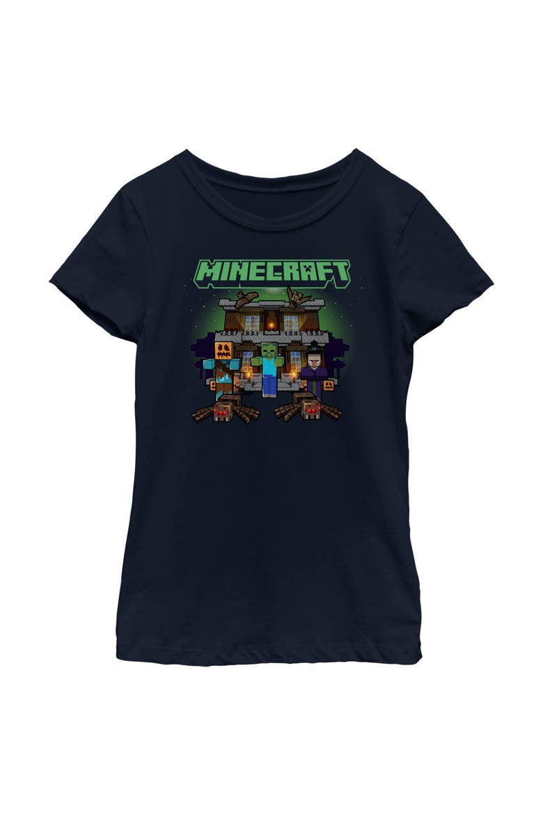 Girl's Minecraft Halloween Creeper Haunted House  Graphic T-Shirt, Main, color, Navy Blue