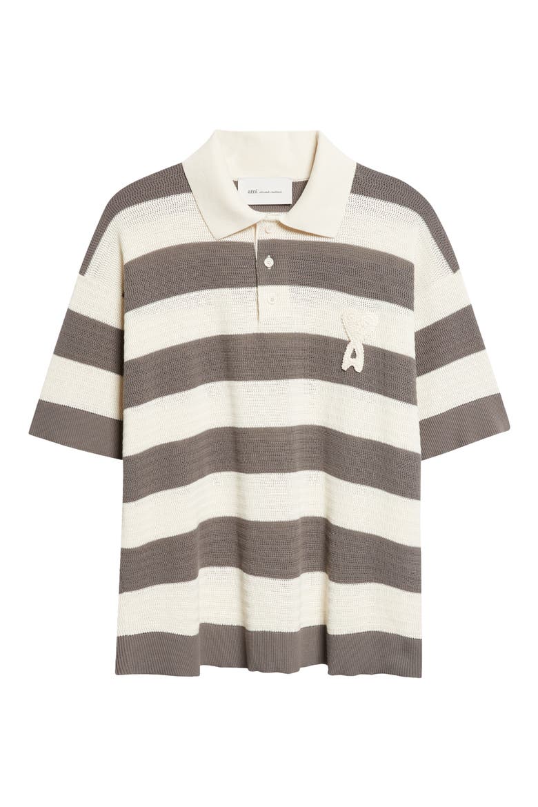 Ami de Coeur Monogram Stripe Openwork Cotton Polo, Alternate, color, BLANC CREME/ CARBONE