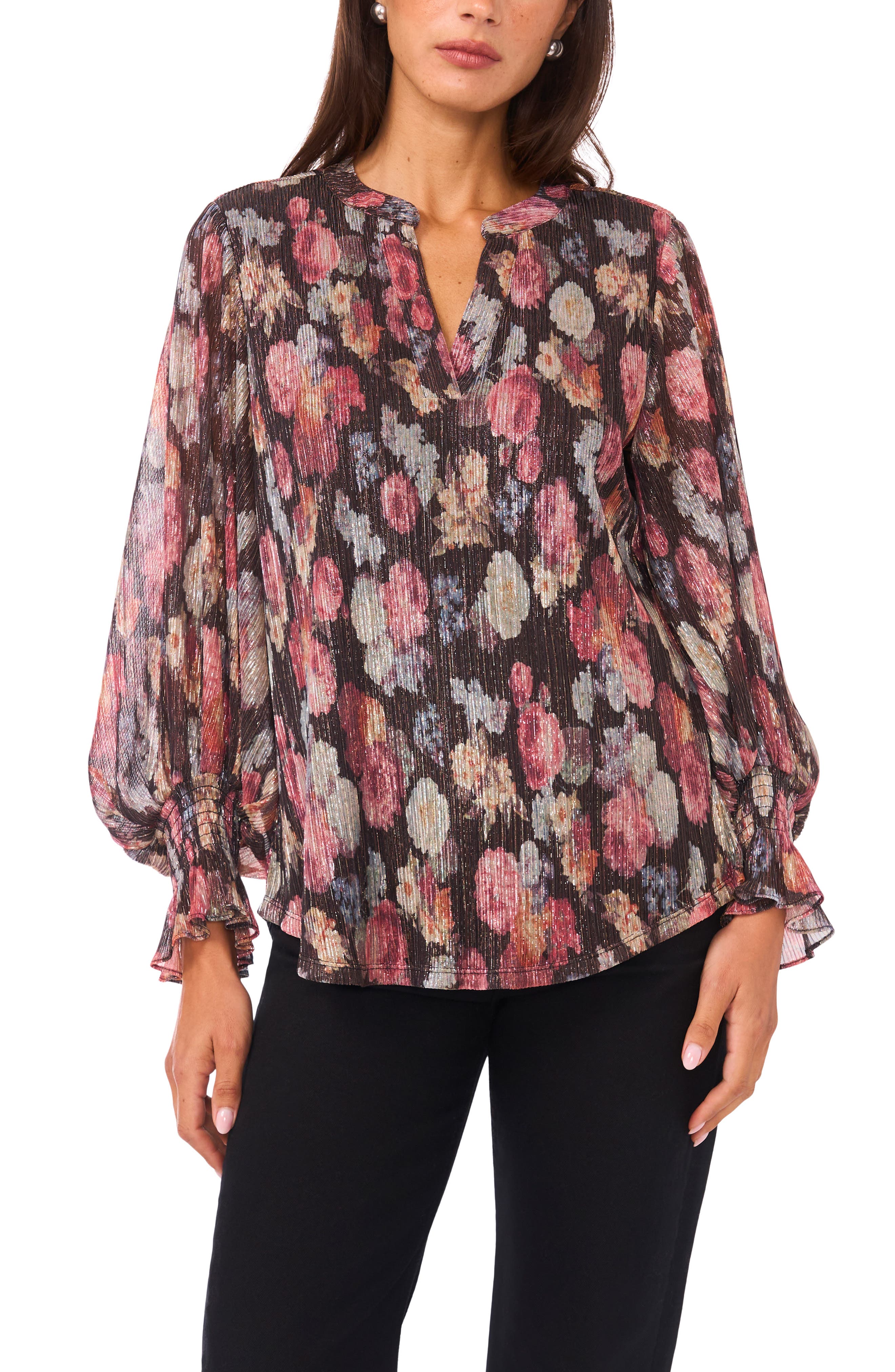 Vince Camuto Floral V-Neck Flare Cuff Chiffon Top