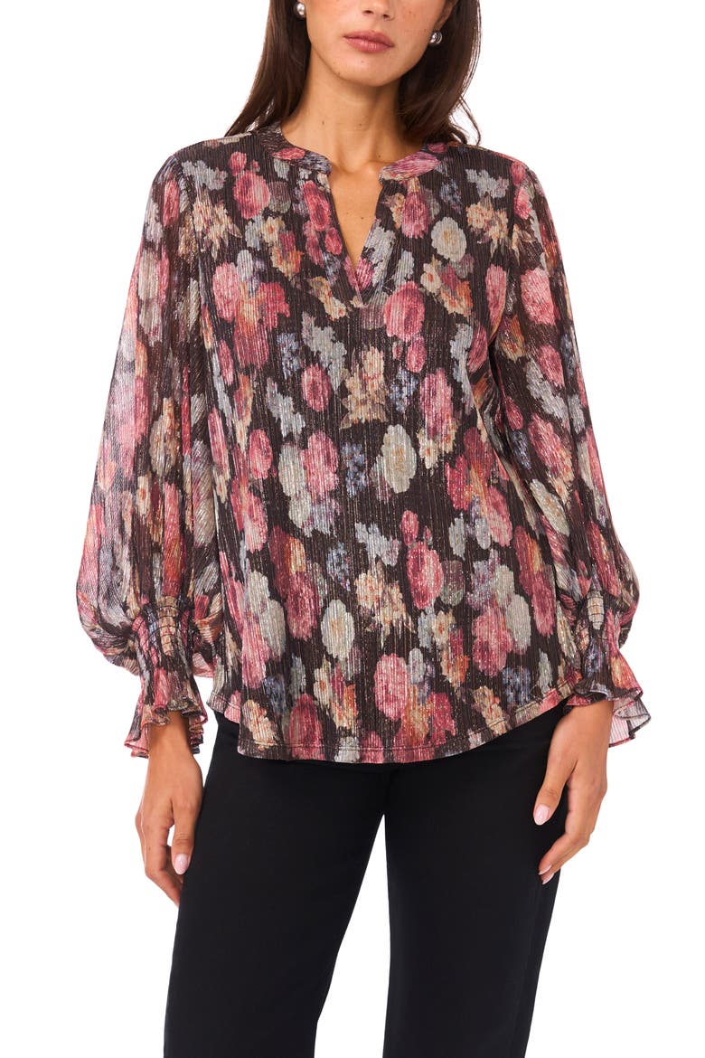 Floral V-Neck Flare Cuff Chiffon Top, Main, color, RICH BLACK