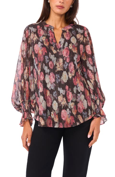 Floral V-Neck Flare Cuff Chiffon Top
