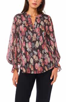 Vince Camuto Floral V-Neck Flare Cuff Chiffon Top