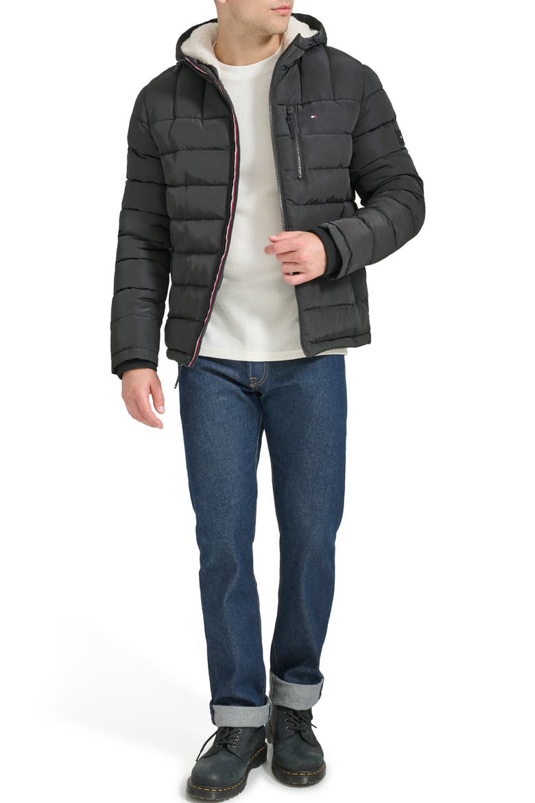 Fleece Lined Hooded Puffer Jacket, Alternate, color, BLACK