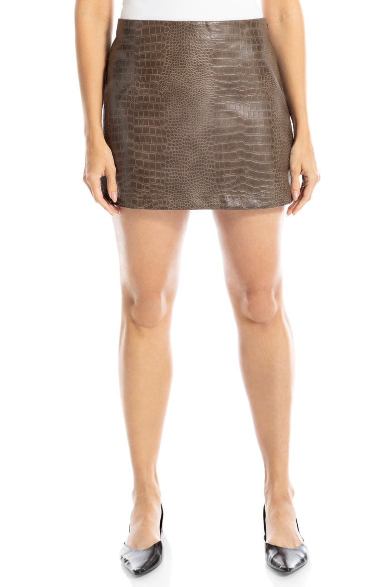 Croc Embossed Faux Leather Miniskirt, Alternate, color, BARK