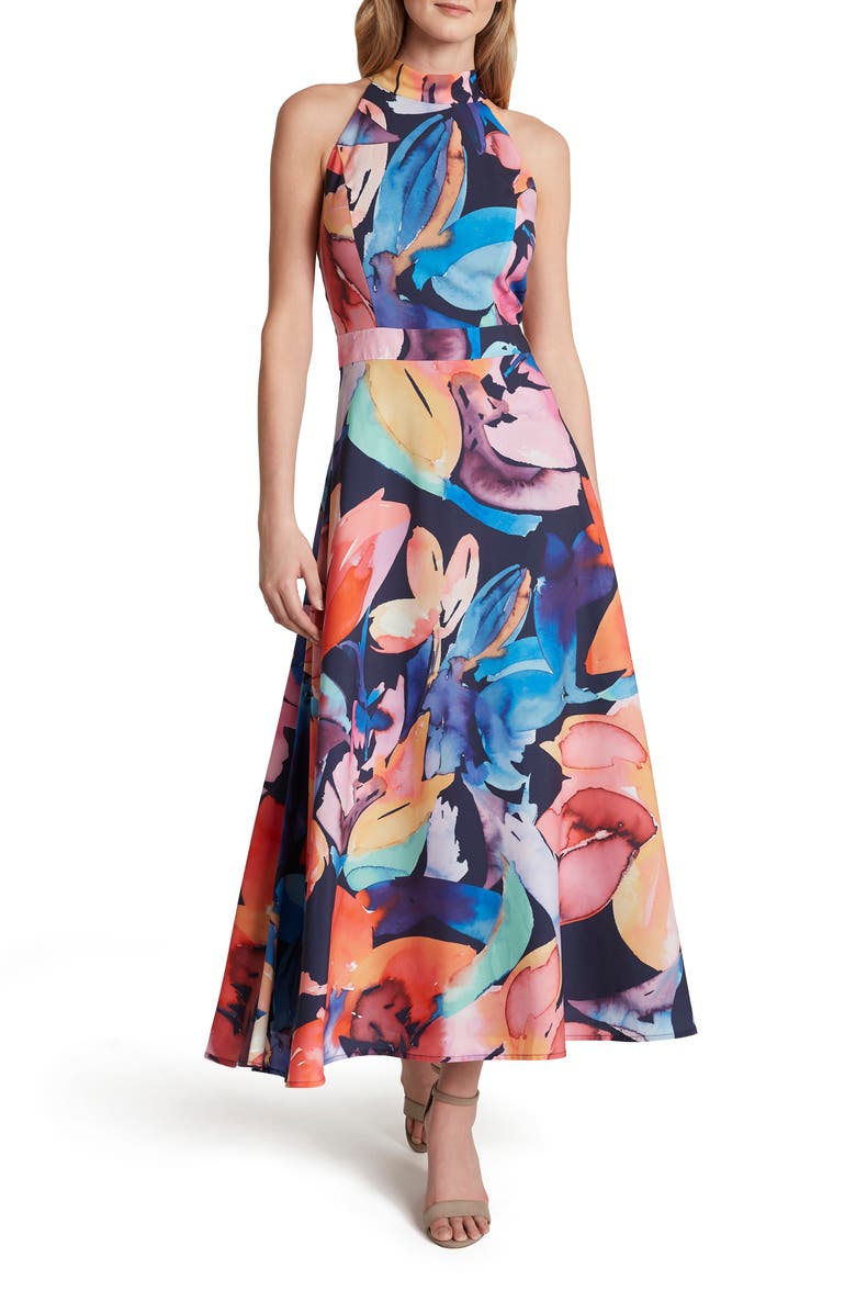 Tahari Halter Neck Midi Dress, Main, color, 